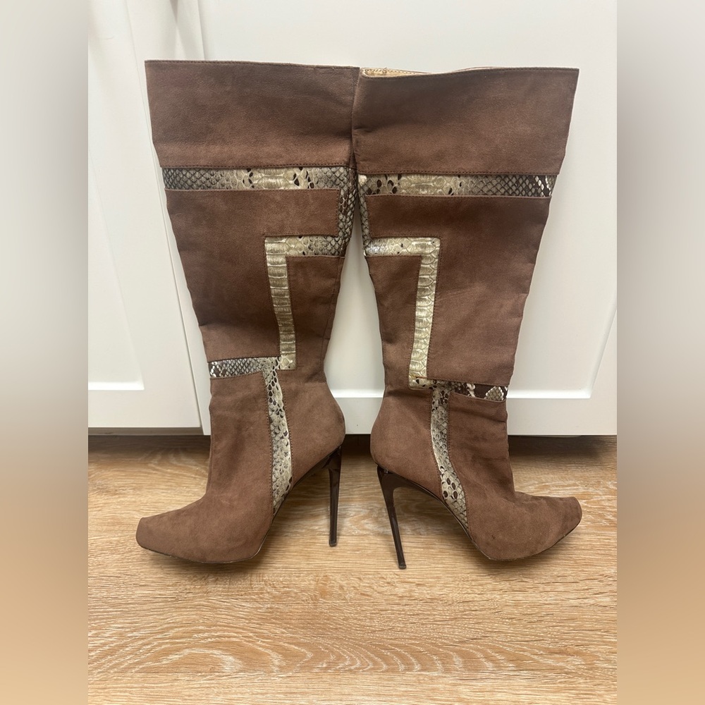Women's Brown Suede Knee-High Stiletto Boots with Snake-Print Trim